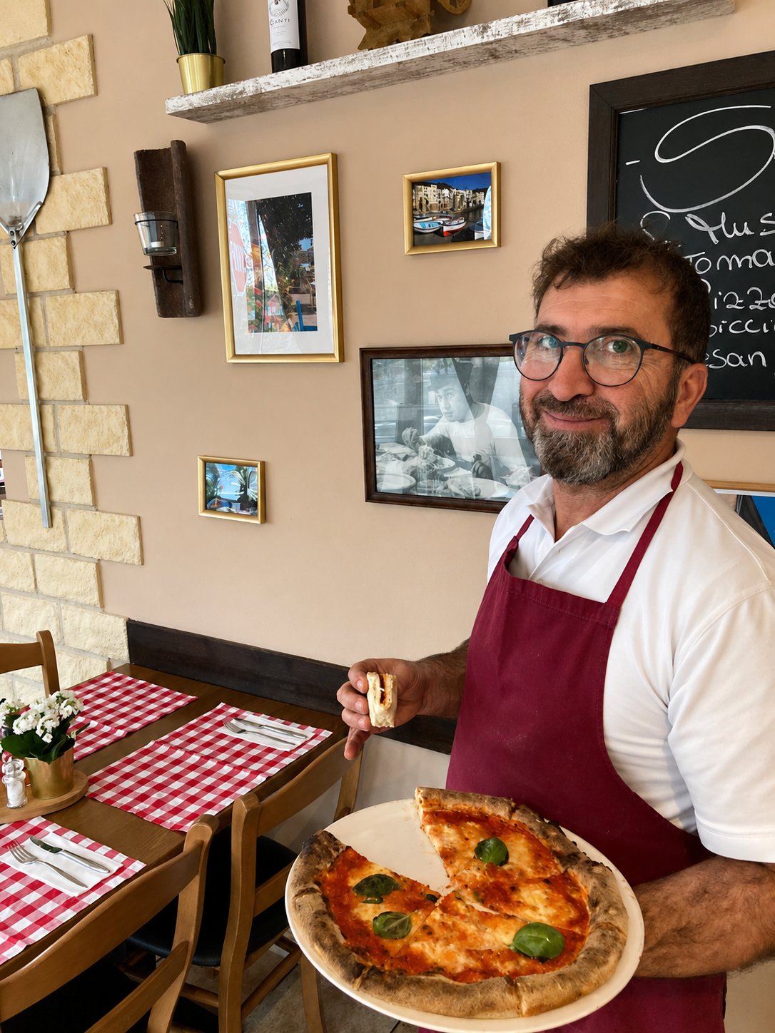 Giuseppe mit einer frisch gebackenen Pizza aus dem Holzofen
